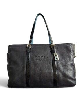 Vintage Coach Hampton Gallery Tote 2937 Black Leather With Sky Blue & Patent